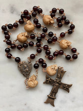 Load image into Gallery viewer, Saint Joan of Arc Rosary: Memento Mori, Garnet, Ox Bone Skulls Bronze