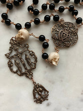 Load image into Gallery viewer, Memento Mori Rosary - Onyx and Ox Bone Skulls - Bronze - Wire-wrapped CeCeAgnes
