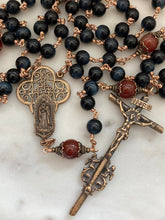 Load image into Gallery viewer, Large Bronze Rosary - Our Lady of Guadalupe - Blue Tiger Eye and Sardonyx CeCeAgnes