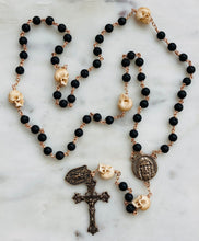 Load image into Gallery viewer, Saint Michael Memento Mori Rosary - Lava Beads, Ox Bone Skulls & Bronze Pardon Crucifix