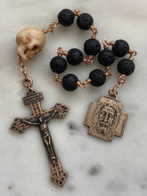 Load image into Gallery viewer, Memento Mori Rosary: Lava Bead, Ox Bone Skull, Bronze Pardon Crucifix