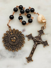 Load image into Gallery viewer, Memento Mori Rosary - Sacred Heart of Jesus - Garnet and Ox Bone Skull - Bronze - Wire-wrapped Tenner - CeCeAgnes