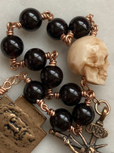 Load image into Gallery viewer, Memento Mori Rosary - Saint Catherine - Holy Face of Jesus - Garnet and Ox Bone Skull - Bronze - Wire-wrapped Tenner - CeCeAgnes