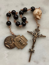 Load image into Gallery viewer, Memento Mori Rosary - Saint Catherine - Holy Face of Jesus - Garnet and Ox Bone Skull - Bronze - Wire-wrapped Tenner - CeCeAgnes