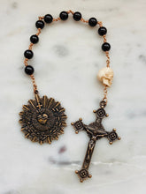 Load image into Gallery viewer, Memento Mori Rosary: Garnet, Ox Bone Skull, Bronze Sacred Heart