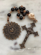 Load image into Gallery viewer, Memento Mori Rosary - Sacred Heart of Jesus - Garnet and Ox Bone Skull - Bronze - Wire-wrapped Tenner - CeCeAgnes