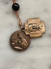 Load image into Gallery viewer, Memento Mori Rosary - Saint Catherine - Holy Face of Jesus - Garnet and Ox Bone Skull - Bronze - Wire-wrapped Tenner - CeCeAgnes