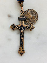 Load image into Gallery viewer, Lapis and Bronze Auto Rosary: Holy Face Saint Benedict One Decade Car Rosary