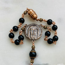 Load image into Gallery viewer, Onyx and Bronze Auto Rosary - Holy Face Saint Benedict - Car Rosary