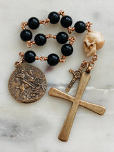 Load image into Gallery viewer, Saint George Memento Mori Pocket Rosary - Black Onyx and Ox Bone Skull - Bronze - Tenner - Single Decade Rosary CeCeAgnes