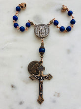 Load image into Gallery viewer, Lapis and Bronze Auto Rosary: Holy Face Saint Benedict One Decade Car Rosary