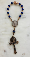 Load image into Gallery viewer, Lapis and Bronze Auto Rosary: Holy Face Saint Benedict One Decade Car Rosary