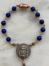 Load image into Gallery viewer, Lapis and Bronze Auto Rosary: Holy Face Saint Benedict One Decade Car Rosary