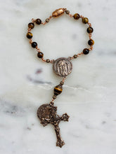 Load image into Gallery viewer, Tiger Eye Saint Benedict Auto Rosary - Bronze One Decade Car Rosary