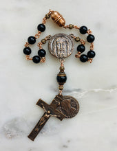 Load image into Gallery viewer, Onyx and Bronze Auto Rosary - Holy Face Saint Benedict - Car Rosary