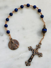 Load image into Gallery viewer, Saint Lucy Lapis Rosary Bronze Lilies Crucifix Pocket Rosary