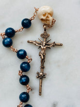 Load image into Gallery viewer, Memento Mori Rosary - Saint Lucy - Holy Face of Jesus - Kyanite and Ox Bone Skull - Bronze - Wire-wrapped Tenner - CeCeAgnes