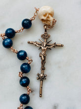 Load image into Gallery viewer, Memento Mori Rosary: Kyanite, Ox Bone Skull, Bronze Saint Lucy Medals