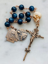 Load image into Gallery viewer, Memento Mori Rosary: Kyanite, Ox Bone Skull, Bronze Saint Lucy Medals