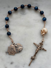 Load image into Gallery viewer, Memento Mori Rosary: Kyanite, Ox Bone Skull, Bronze Saint Lucy Medals