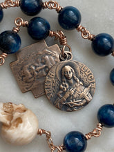 Load image into Gallery viewer, Memento Mori Rosary: Kyanite, Ox Bone Skull, Bronze Saint Lucy Medals