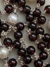 Load image into Gallery viewer, Garnet Gemstone and Freshwater Pearl Rosary - Sterling and Sterling Silver CeCeAgnes