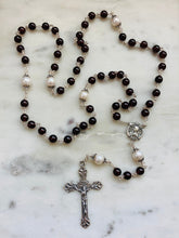 Load image into Gallery viewer, Garnet Gemstone and Freshwater Pearl Rosary - Sterling and Sterling Silver CeCeAgnes