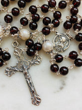Load image into Gallery viewer, Garnet Gemstone and Freshwater Pearl Rosary - Sterling and Sterling Silver CeCeAgnes