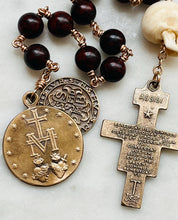 Load image into Gallery viewer, Memento Mori Rosary Bloodstone Ox Bone Skull Bronze Saint Benedict