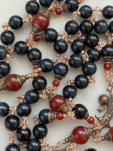 Load image into Gallery viewer, Large Bronze Rosary - Fleur de Lis - Sacred Heart - Blue Tiger Eye and Carnelian CeCeAgnes