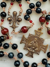 Load image into Gallery viewer, Large Bronze Rosary - Fleur de Lis - Sacred Heart - Blue Tiger Eye and Carnelian CeCeAgnes