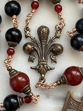Load image into Gallery viewer, Large Bronze Rosary - Fleur de Lis - Sacred Heart - Blue Tiger Eye and Carnelian CeCeAgnes
