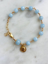 Load image into Gallery viewer, Aquamarine Rosary Bracelet - Gold Our Lady of Lourdes Charm