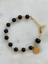Load image into Gallery viewer, Gold Rosary Bracelet with Benedict Charm: Black Tourmaline Beads