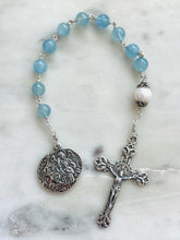 Load image into Gallery viewer, Aquamarine & Pearl Gemstone Rosary: Sterling Silver Guardian Angel Baptism Gift