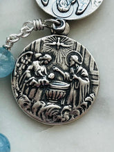 Load image into Gallery viewer, Aquamarine & Pearl Gemstone Rosary: Sterling Silver Guardian Angel Baptism Gift