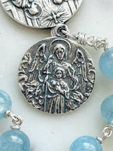 Load image into Gallery viewer, Aquamarine & Pearl Gemstone Rosary: Sterling Silver Guardian Angel Baptism Gift