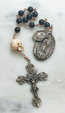 Load image into Gallery viewer, Our Lady of Guadalupe Rosary: Garnet, Ox Bone Skull, Bronze Medals Saint Gemma