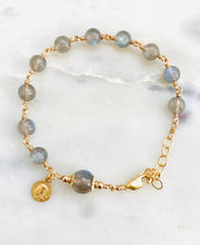 Load image into Gallery viewer, Labradorite Rosary Bracelet: 18k Gold Vermeil Our Lady of Sorrows Charm