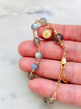 Load image into Gallery viewer, Labradorite Rosary Bracelet: 18k Gold Vermeil Our Lady of Sorrows Charm