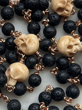 Load image into Gallery viewer, Memento Mori Rosary - Lava Beads, Ox Bone Skulls & Bronze San Damiano Crucifix