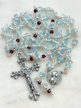 Load image into Gallery viewer, Petite Blue Topaz Rosary - Virgo Maria and Lilies Crucifix - All Sterling Silver CeCeAgnes