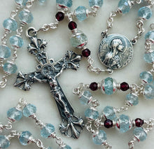 Load image into Gallery viewer, Petite Blue Topaz Rosary - Virgo Maria and Lilies Crucifix - All Sterling Silver CeCeAgnes
