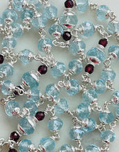 Load image into Gallery viewer, Petite Blue Topaz Rosary - Virgo Maria and Lilies Crucifix - All Sterling Silver CeCeAgnes