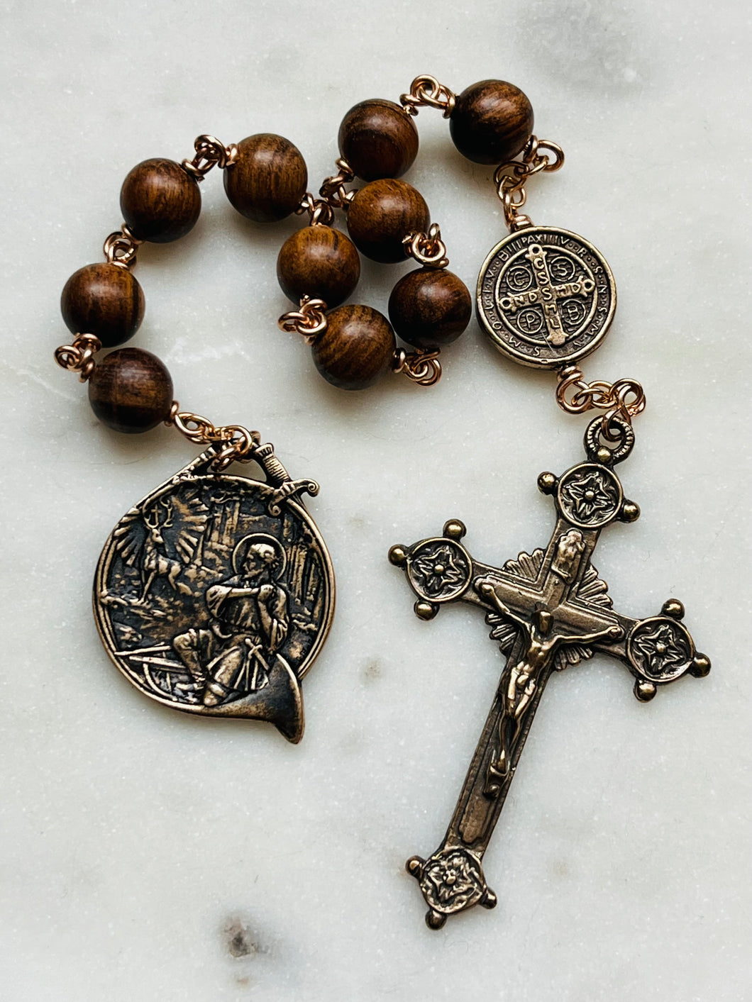 Saint Hubert Hunter Tenner - Wood and Bronze - Single Decade Rosary - Hunting and Protection Prayer Beads