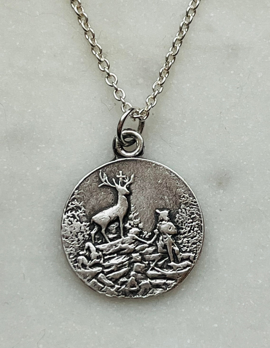 Sterling Silver Necklace - Small Saint Hubert Kneeling - French Script Back