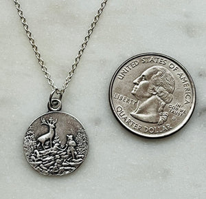 Sterling Silver Necklace - Small Saint Hubert Kneeling - French Script Back