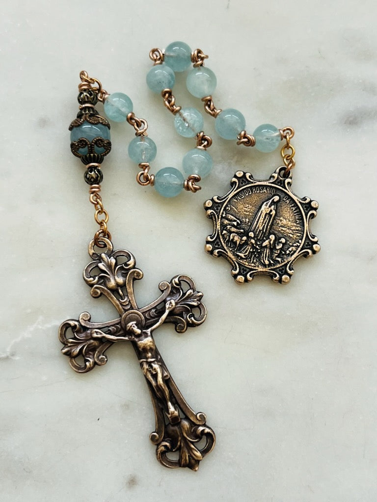 Rosary Tenner - Our Lady of Fatima - Bronze and Aquamarine