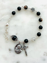 Load image into Gallery viewer, Tourmaline Rosary Bracelet - All Sterling - Wire-wrapped Madonna and Child Saint Benedict
