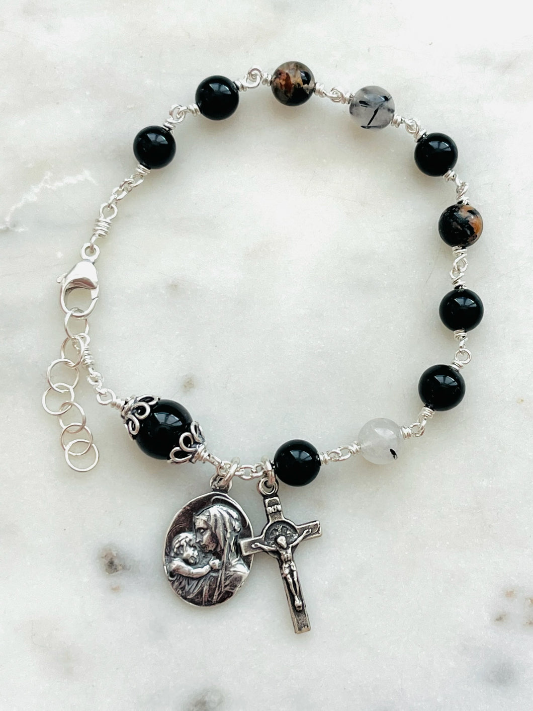Tourmaline Rosary Bracelet - All Sterling - Wire-wrapped Madonna and Child Saint Benedict